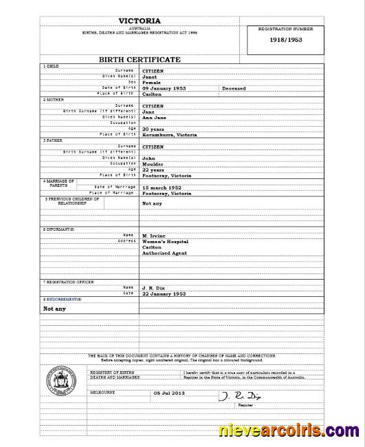 Australia Victoria birth certificate, version 1